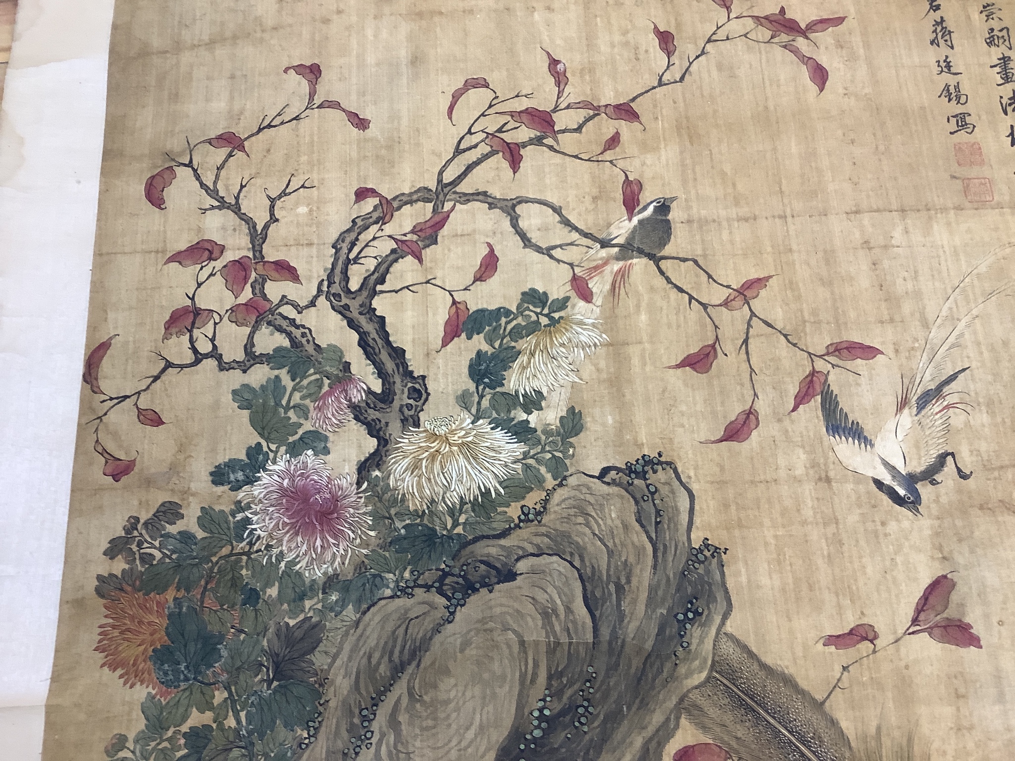 A Chinese scroll painting of birds amid rockwork and chrysanthemums, 19th/20th century Image 165 cm X 81.5 cm